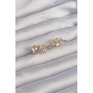 Pirinç Gold Renk İri Zirkon Taşlı Kıvrımlı Minimal Kelebekli Halka Küpe