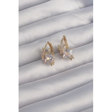 Pirinç Gold Renk İri Zirkon Taşlı Kıvrımlı Minimal Kelebekli Halka Küpe