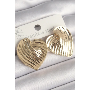 Pirinç Gold Renk İşlemeli Plaka Kalp Model Kadın Küpe