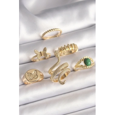 Pirinç Gold Renk İşlemeli Yılan Model Kelebek Detay 6Lı Kadın Yüzük Seti