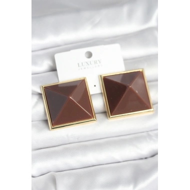 Pirinç Gold Renk Kahverengi Piramit Model Kadın Küpe