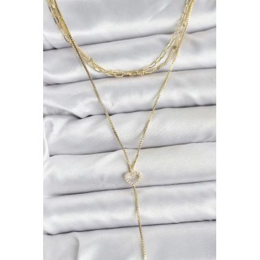 Pirinç Gold Renk Kalp Detaylı 3lü Kombin Y Kadın Kolye