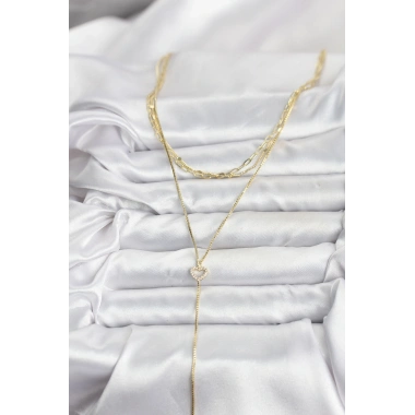 Pirinç Gold Renk Kalp Detaylı 3lü Kombin Y Kadın Kolye