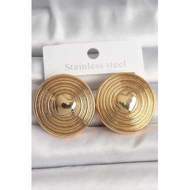 Pirinç Gold Renk Kalp İşlemeli Daire Plaka Model Kadın Küpe