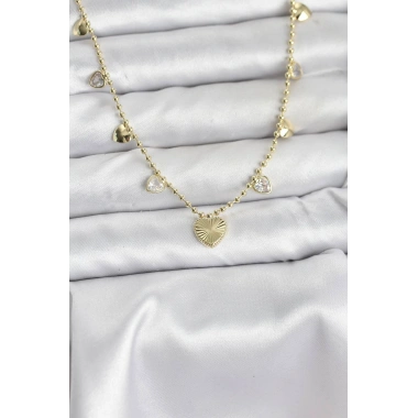 Pirinç Gold Renk Kalp Model Kadın Kolye