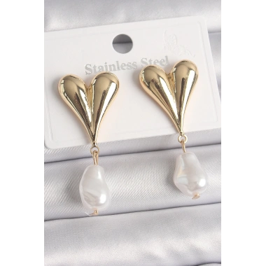 Pirinç Gold Renk Kalp Model Sallantı İnci Damla Model Kadın Küpe