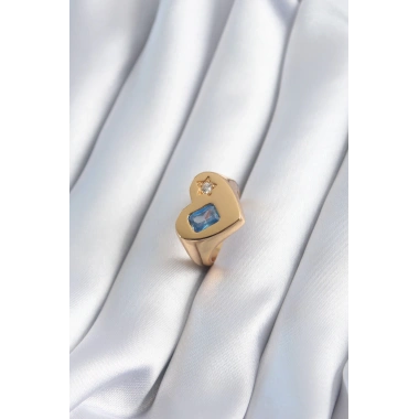 Pirinç Gold Renk Kalp Model Zirkon Taş Yıldız Detay Kadın Yüzük