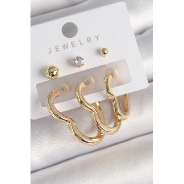 Pirinç Gold Renk Kalp Model Zirkon Taşlı Topçuk Detay Kadın Küpe Seti