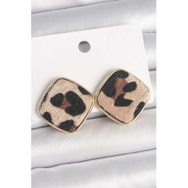 Pirinç Gold Renk Kare Leopar Model Kadın Küpe