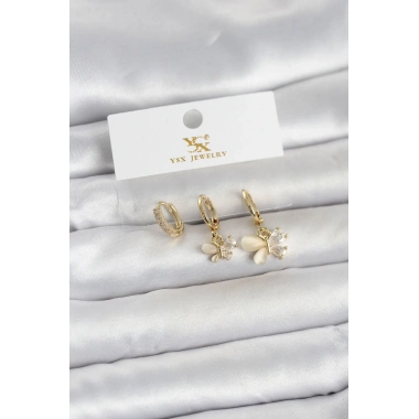 Pirinç Gold Renk Kelebek Model 3lü Kadın Küpe