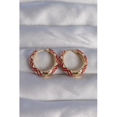 Pirinç Gold Renk Kırmızı Etnik Desenli Halka Küpe