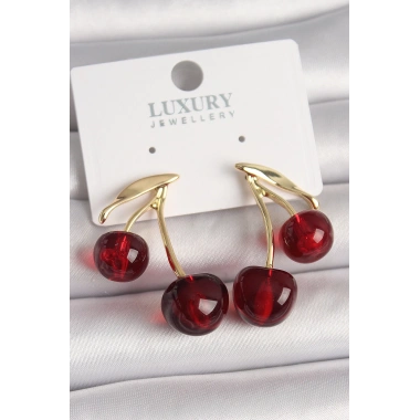 Pirinç Gold Renk Kırmızı Kiraz Model Kadın Küpe