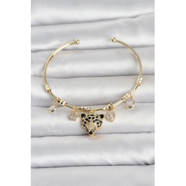 Pirinç Gold Renk Leopar Detaylı Charmlı Kadın Bileklik