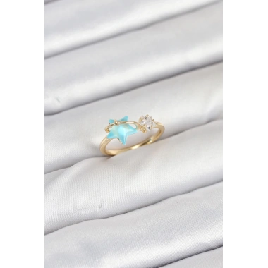 Pirinç Gold Renk Mavi Yıldızlı Model Kadın Yüzük