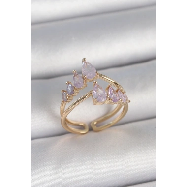 Pirinç Gold Renk Mor Damla Zirkon Taşlı Taç Model Kadın Yüzük
