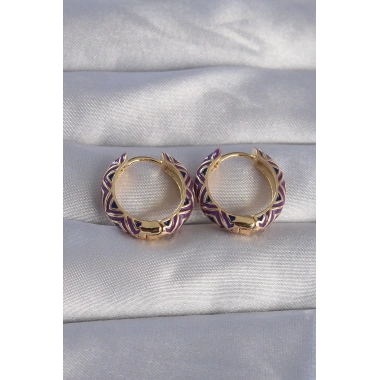 Pirinç Gold Renk Mor Etnik Desenli Halka Küpe