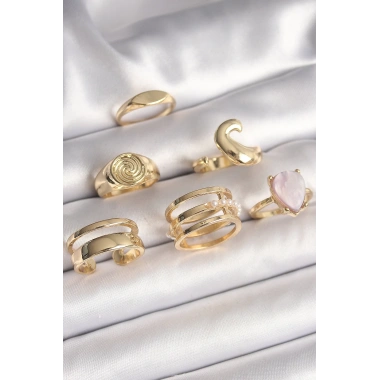 Pirinç Gold Renk Pembe Damla Mineli Sarmal İşleme Detaylı 6Lı Kadın Yüzük Seti