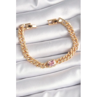 Pirinç Gold Renk Pembe Kare Zirkon Taşlı VIP Seri Kadın Bileklik