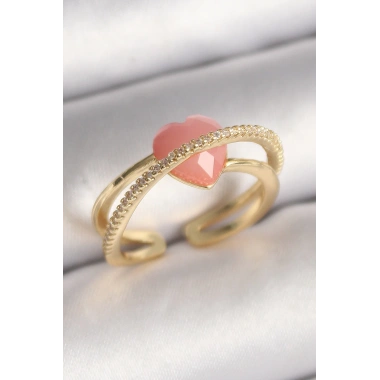 Pirinç Gold Renk Pembe Kristal Kalp Model Zirkon Taş Detaylı Kadın Yüzük