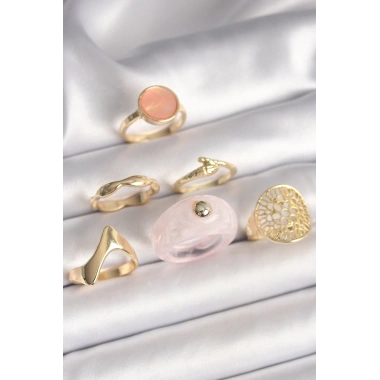 Pirinç Gold Renk Pembe Plastik Yüzük Model Daire Pembe Mine Yılan Detay 6Lı Kadın Yüzük Seti