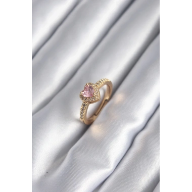 Pirinç Gold Renk Pembe Zirkon Taş Kalp Charm Model Kadın Yüzük