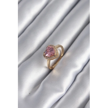 Pirinç Gold Renk Pembe Zirkon Taş Kalp Charm Model Kadın Yüzük