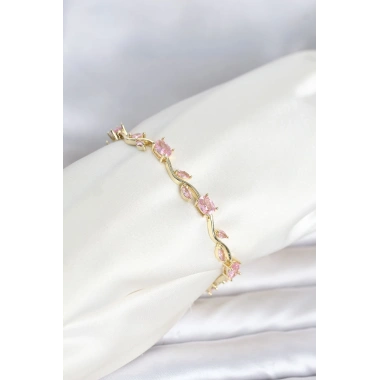 Pirinç Gold Renk Pembe Zirkon Taşlı Çiçek Model Kadın Bileklik