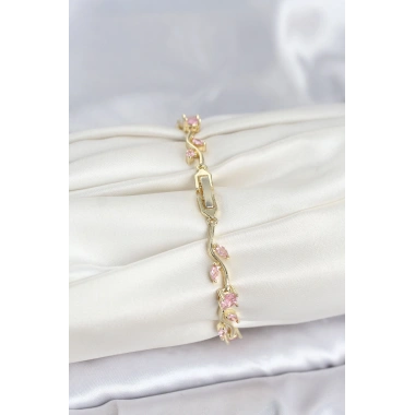 Pirinç Gold Renk Pembe Zirkon Taşlı Çiçek Model Kadın Bileklik