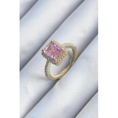 Pirinç Gold Renk Pembe Zirkon Taşlı Kadın Yüzük