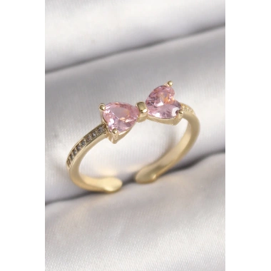 Pirinç Gold Renk Pembe Zirkon Taşlı Kalp Fiyonk Model Kadın Yüzük