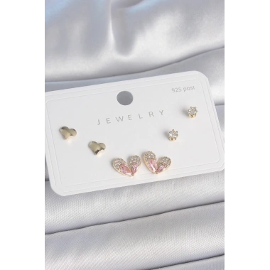 Pirinç Gold Renk Pembe Zirkon Taşlı Kalp Model 925 Ayar Gümüş Çivi Kadın Küpe Seti
