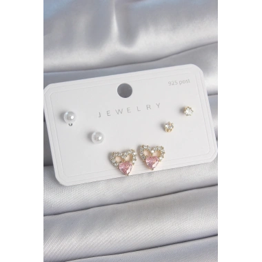 Pirinç Gold Renk Pembe Zirkon Taşlı Kalp Model İnci Detay 925 Ayar Kadın Küpe Seti