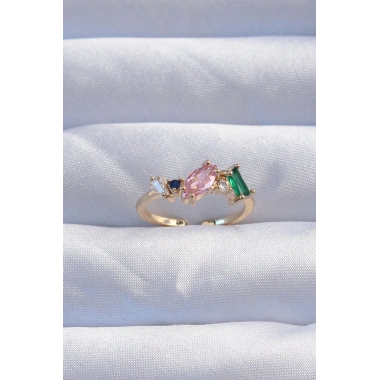 Pirinç Gold Renk Renkli Zirkon Taşlı Ayarlanabilir Yüzük