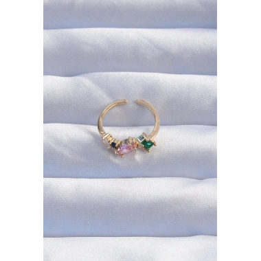 Pirinç Gold Renk Renkli Zirkon Taşlı Ayarlanabilir Yüzük