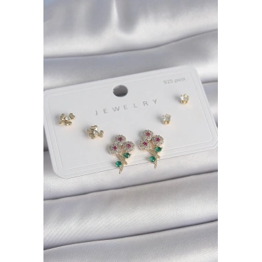 Pirinç Gold Renk Renkli Zirkon Taşlı Çiçek Model Yaprak Detay 925 Ayar Gümüş Çivi Kadın Küpe Seti