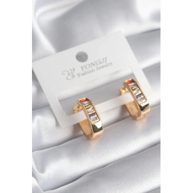 Pirinç Gold Renk Renkli Zirkon Taşlı Kadın Küpe