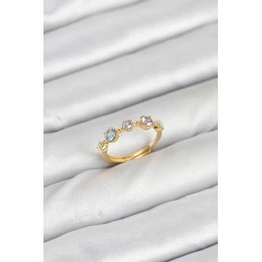Pirinç Gold Renk Renkli Zirkon Taşlı Kadın Yüzük