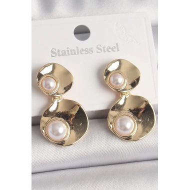 Pirinç Gold Renk Sallantı İnci Detaylı Daire Plaka Model Kadın Küpe