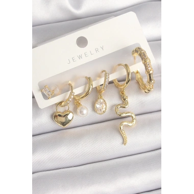 Pirinç Gold Renk Sallantı Yılan Model Zirkon Taşlı Halka Kilit Kalp Detay Kadın Küpe Seti