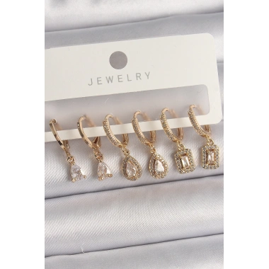 Pirinç Gold Renk Sallantı Zirkon Taşı Damla Model Kadın Küpe Seti