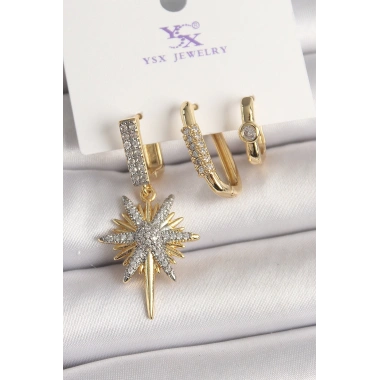 Pirinç Gold Renk Sallantı Zirkon Taşlı Kutup Yıldız Model 3Lü Kadın Kombin Küpe