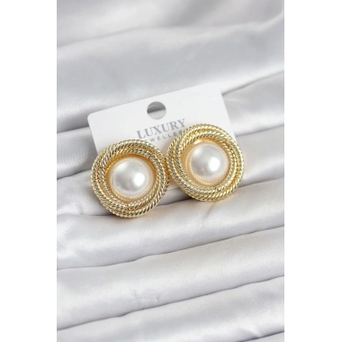Pirinç Gold Renk Sarmal Model İncili Kadın Küpe