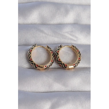 Pirinç Gold Renk Siyah Etnik Desenli Halka Küpe