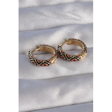 Pirinç Gold Renk Siyah Etnik Desenli Halka Küpe