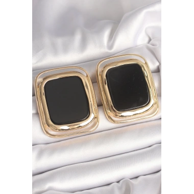 Pirinç Gold Renk Siyah Mineli Kare Model Kadın Küpe