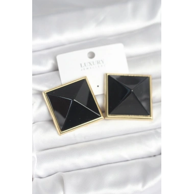 Pirinç Gold Renk Siyah Piramit Model Kadın Küpe
