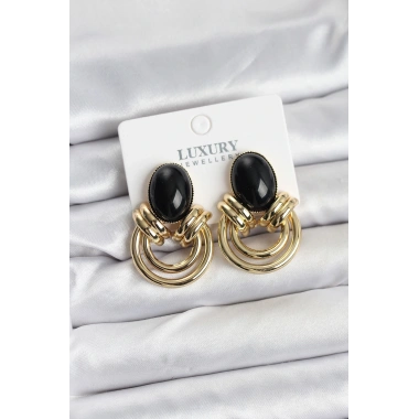 Pirinç Gold Renk Siyah Taşlı Vintage Kadın Küpe