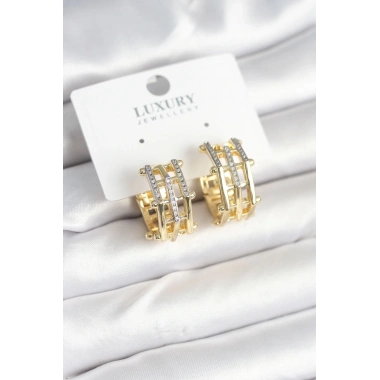 Pirinç Gold Renk Taşlı Halka Kadın Küpe