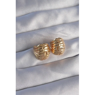 Pirinç Gold Renk Tırtıklı Minimal Bombeli Tasarım Küpe