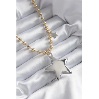Pirinç Gold Renk Topçuk Zincir Gümüş 3D Yıldız Model Yıldız Detay VİP Kadın Kolye